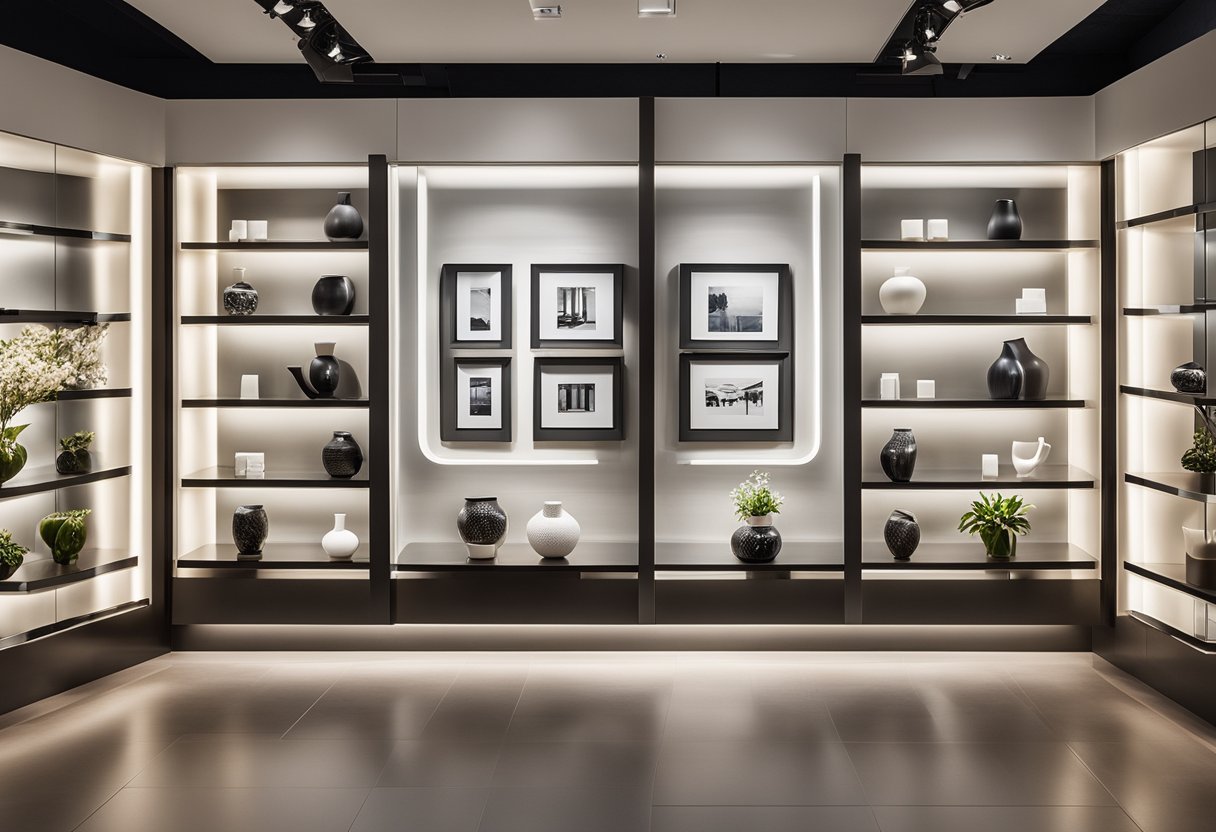 A showcase wall adorned with elegant and modern decor pieces, including sleek shelves, stylish vases, and eye-catching artwork