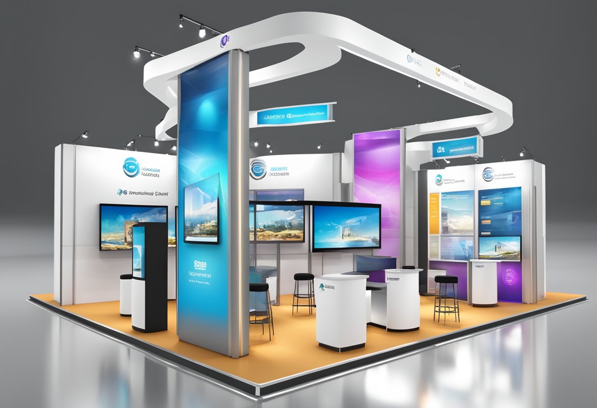 A large trade show booth with modular displays arranged in a dynamic and eye-catching layout. Bright lighting highlights the various products and branding materials on display