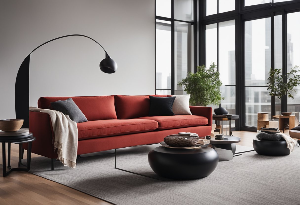 A modern red couch sits in a sleek living room with white walls and black accents. The room is bathed in natural light from large windows, creating a warm and inviting atmosphere