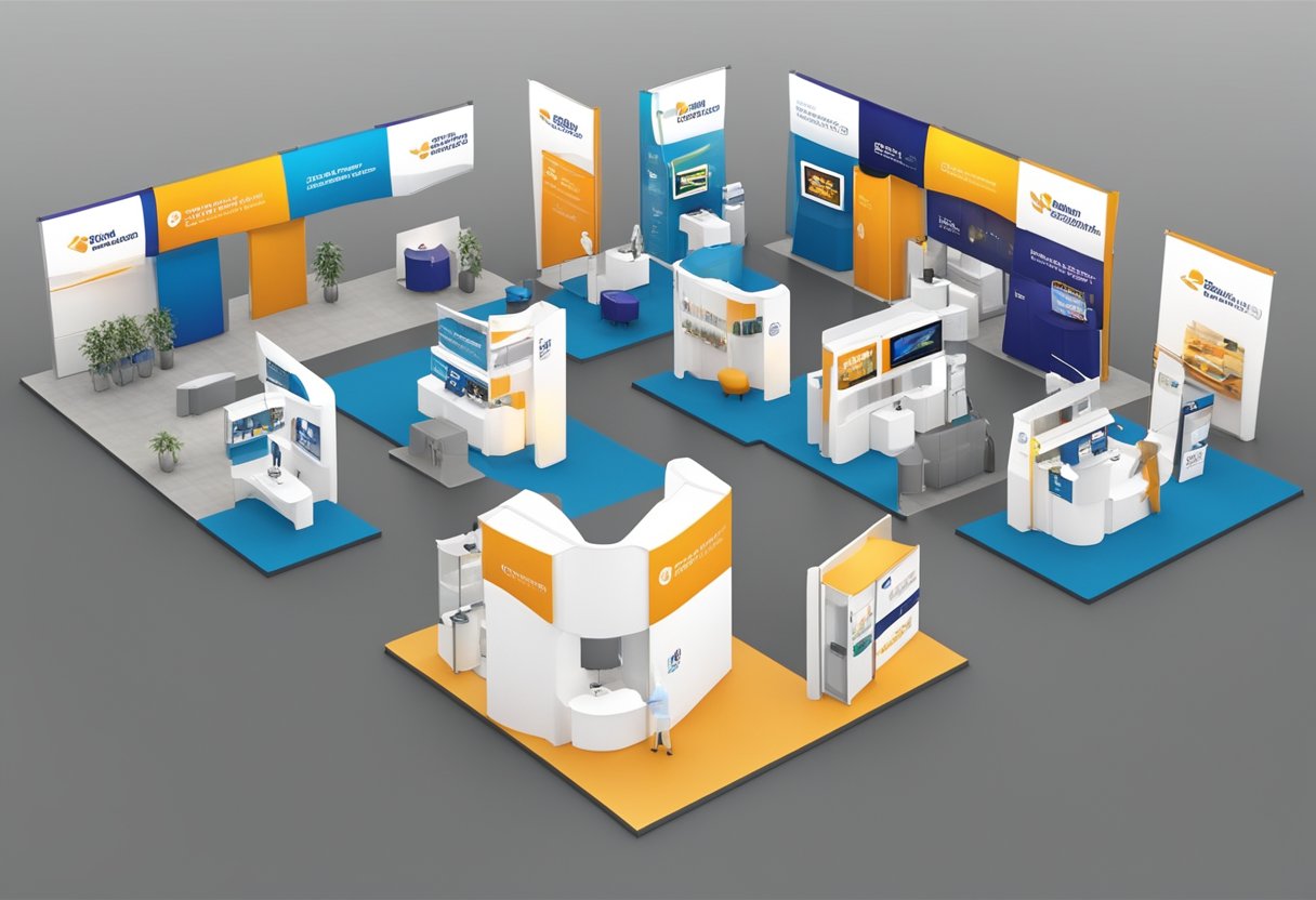 A variety of modular displays for trade shows arranged in a spacious, well-lit exhibition hall. Each display showcases different products and branding, with varying sizes and configurations
