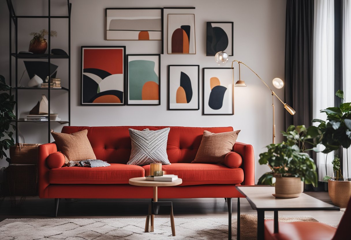 A cozy living room with a vibrant red couch as the focal point, surrounded by modern decor and soft lighting