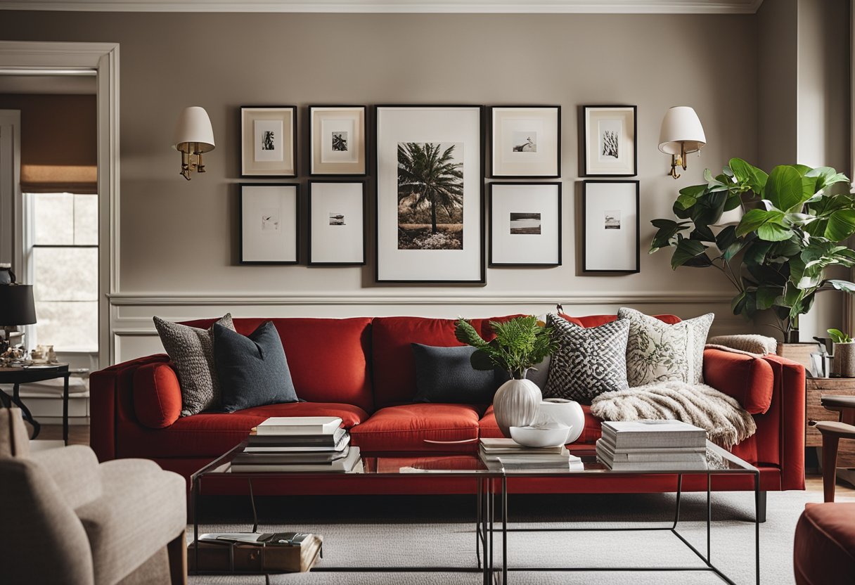A cozy living room with a bold red couch as the focal point, surrounded by neutral-colored walls and accents, with a mix of modern and traditional furniture pieces