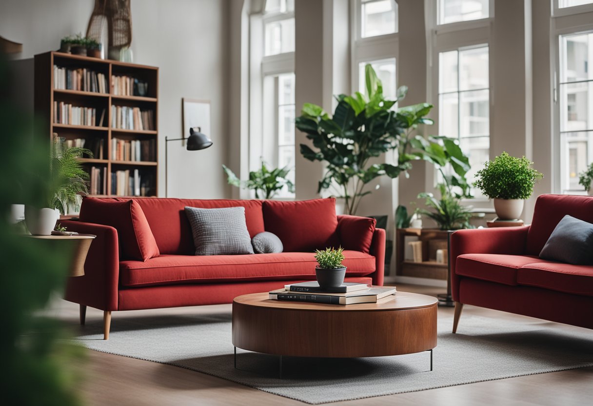 A cozy red couch sits in a well-lit living room. A coffee table with books and a potted plant complements the space