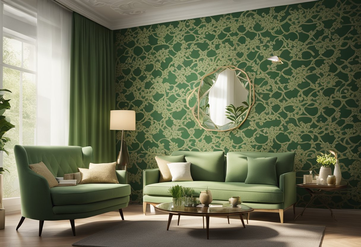 The living room has green wallpaper with intricate floral patterns. Sunlight filters through the window, casting a warm glow on the elegant design