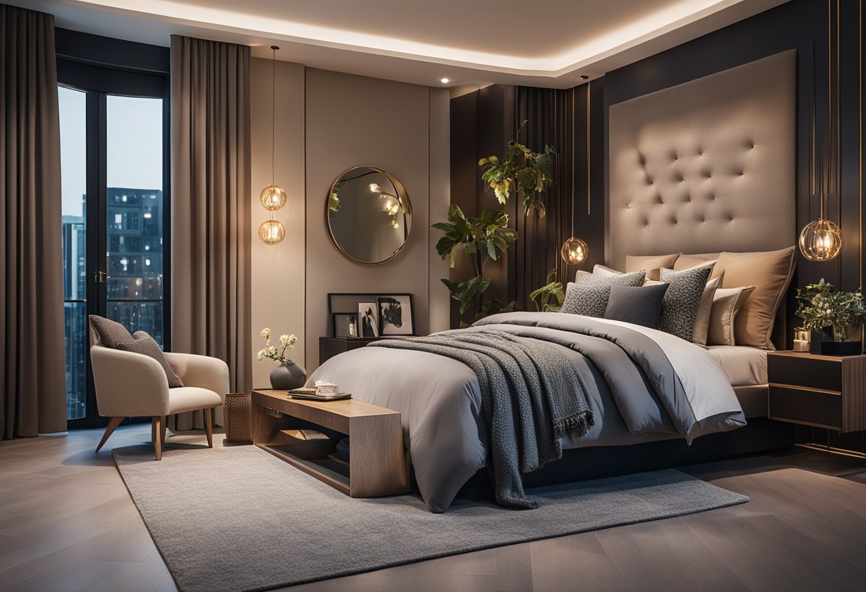 A cozy bedroom with modern decor, warm lighting, and a stylish bed with plush pillows and a trendy color scheme
