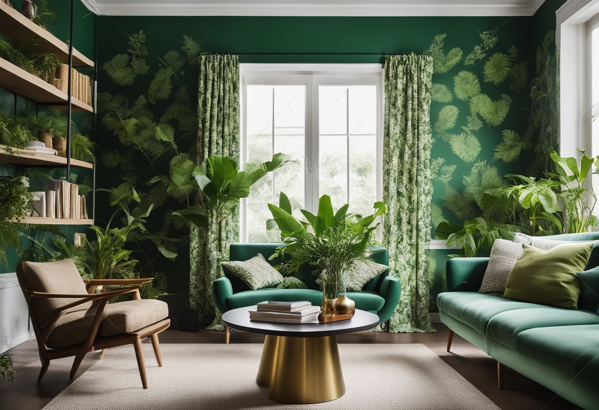 A cozy living room with green wallpaper adorned with intricate botanical patterns, creating a serene and natural atmosphere