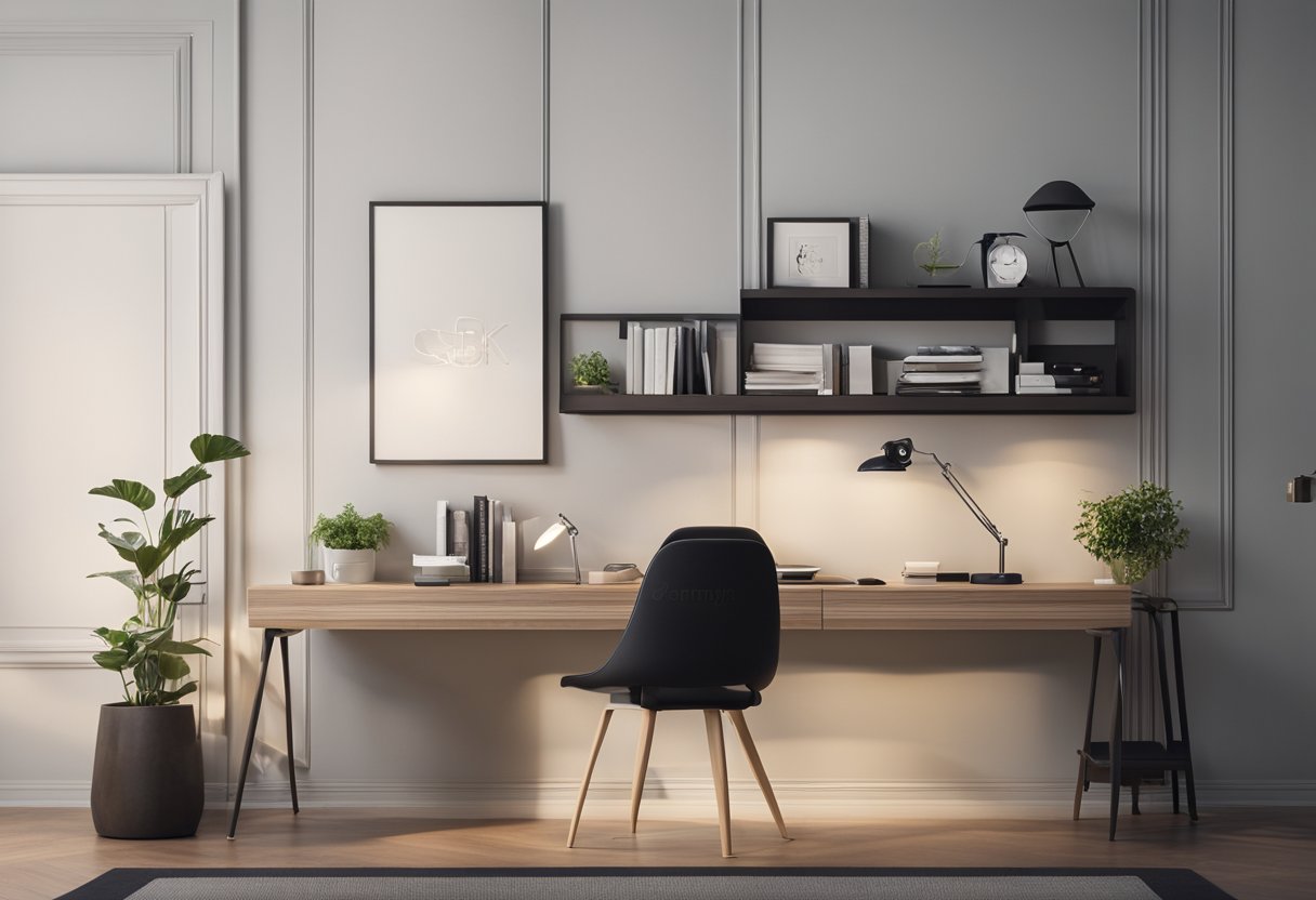 A sleek, modern study table sits against the bedroom wall, with a built-in bookshelf and a spacious desktop. A comfortable chair complements the table, and a desk lamp provides focused lighting for studying