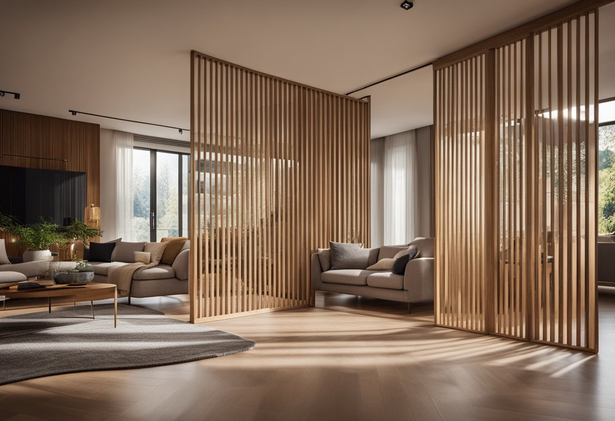 A spacious living room with a wooden partition dividing the space, creating a cozy and private atmosphere. Natural light filters through the slats, casting warm patterns on the floor