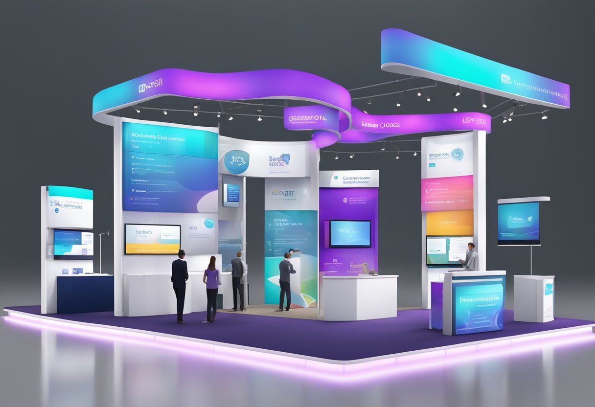 A vibrant trade show booth with modular displays showcasing marketing materials and ROI statistics. Bright lights illuminate the sleek, modern design, drawing in attendees