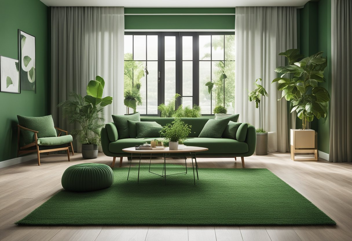 A cozy living room with green wallpaper, adorned with green accent pillows, plants, and artwork. A plush green rug ties the room together, creating a peaceful and inviting space