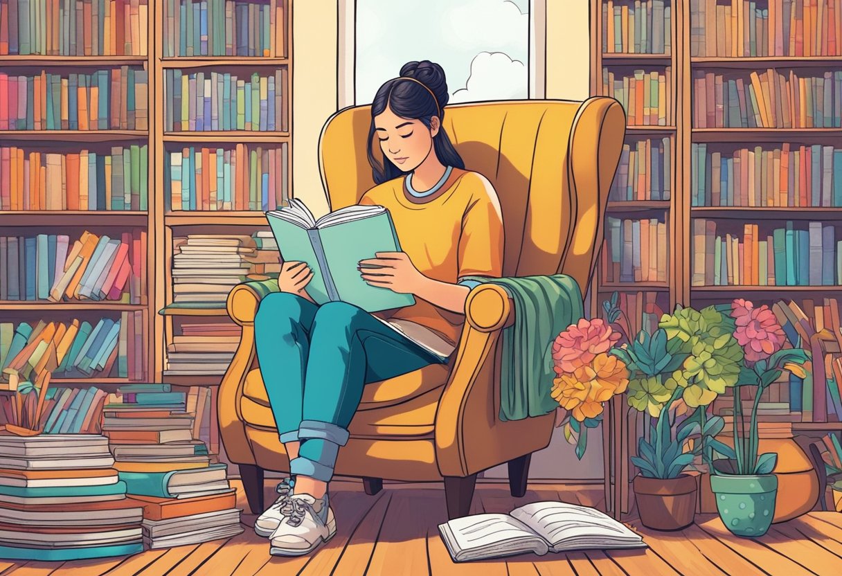 A person sits in a cozy chair, surrounded by a variety of coloring books and pencils. Soft music plays in the background as they focus intently on filling in intricate designs with vibrant colors