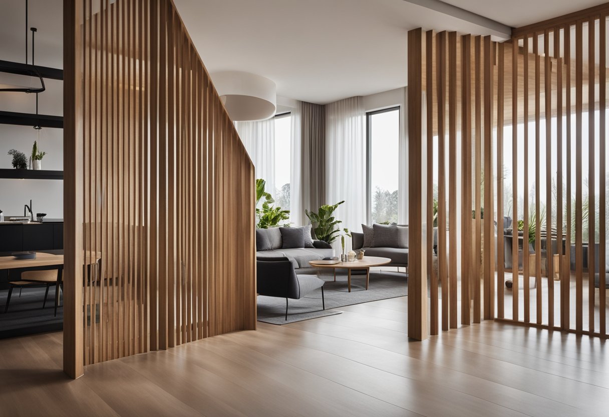 A wooden partition divides a modern living room, with clean lines and a minimalist design. The space is well-lit, with natural light streaming in from large windows