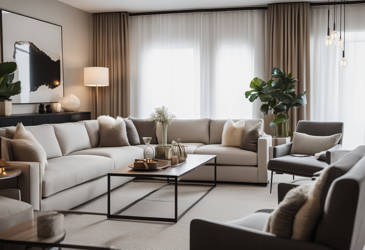 A cozy living room with clean lines, neutral colors, and a mix of modern and classic furniture. A large, plush sofa sits in the center, surrounded by sleek coffee tables and elegant lighting fixtures