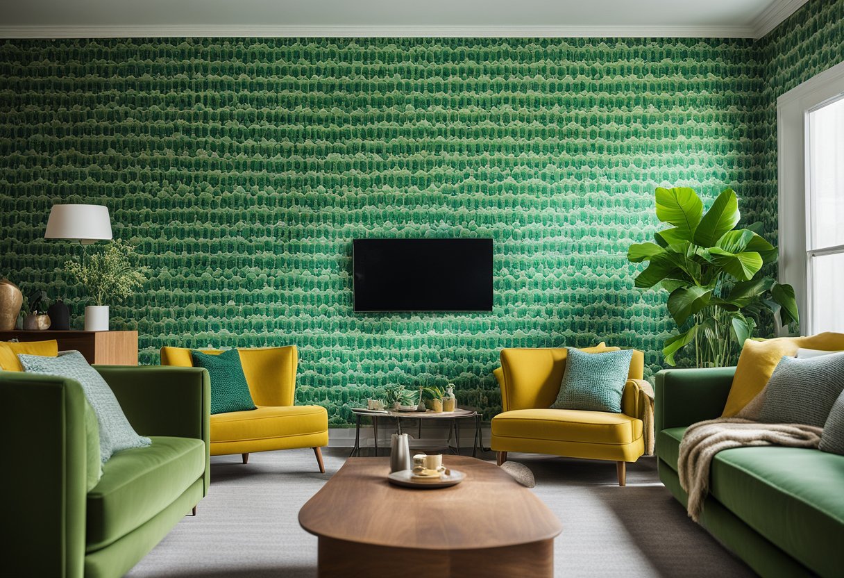 A cozy living room with vibrant green wallpaper featuring a repeating pattern of frequently asked questions. The room is well-lit with natural sunlight streaming in through the windows
