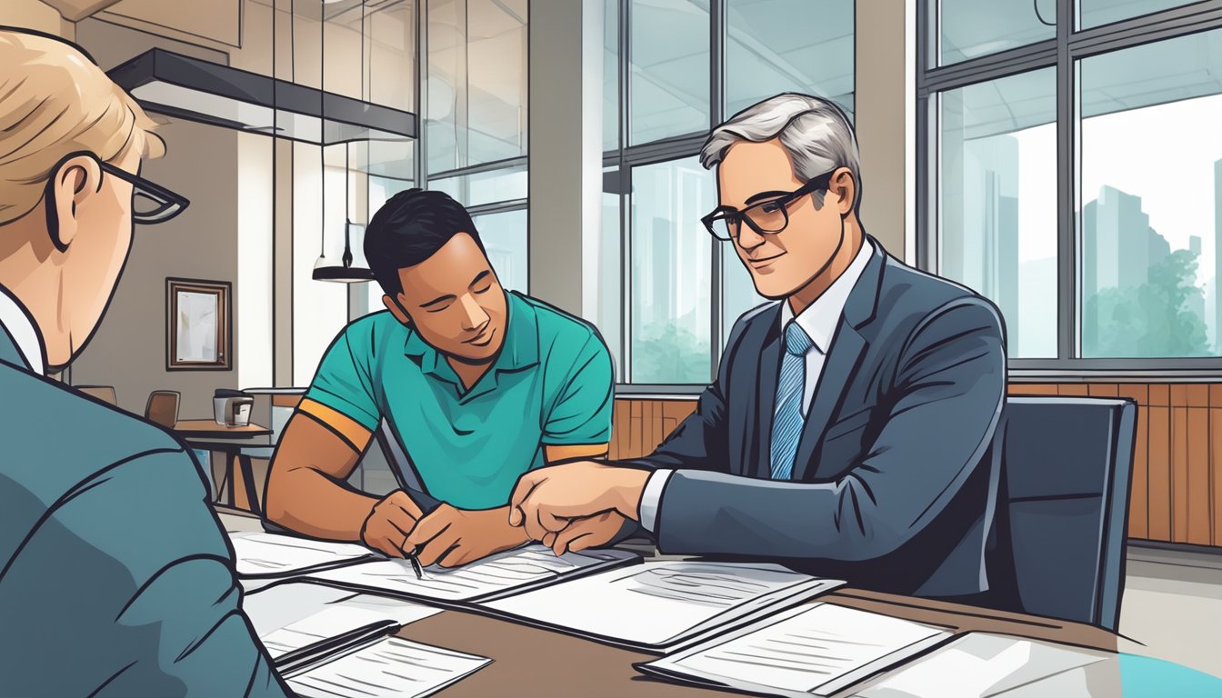 A small business owner signing paperwork for a small business loan, while a commercial real estate developer meets with a bank representative to discuss a commercial loan