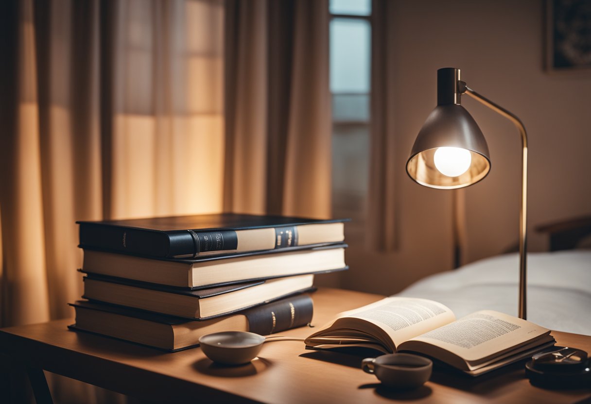 A study table with a neatly arranged stack of books, a laptop, and a desk lamp in a cozy bedroom setting