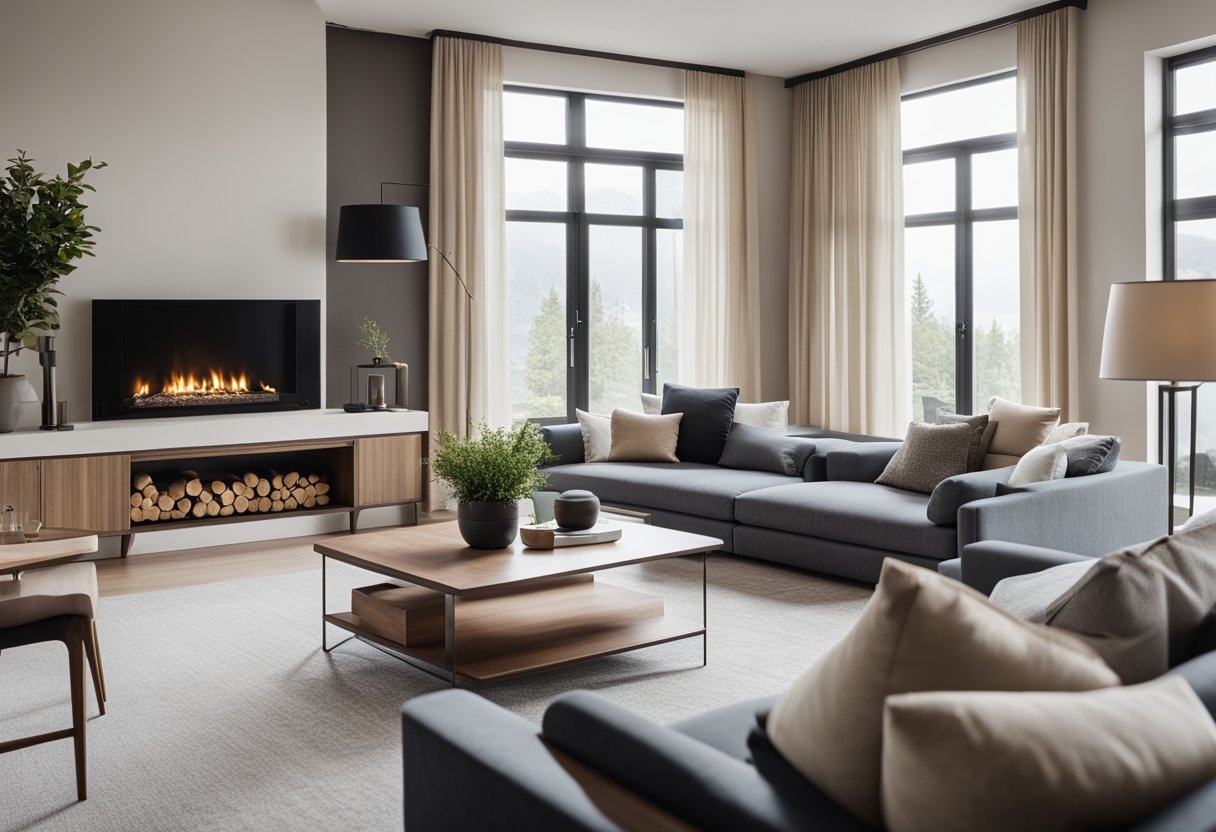 A spacious living room with elegant furniture, clean lines, and neutral colors. Large windows let in natural light, and a fireplace adds warmth