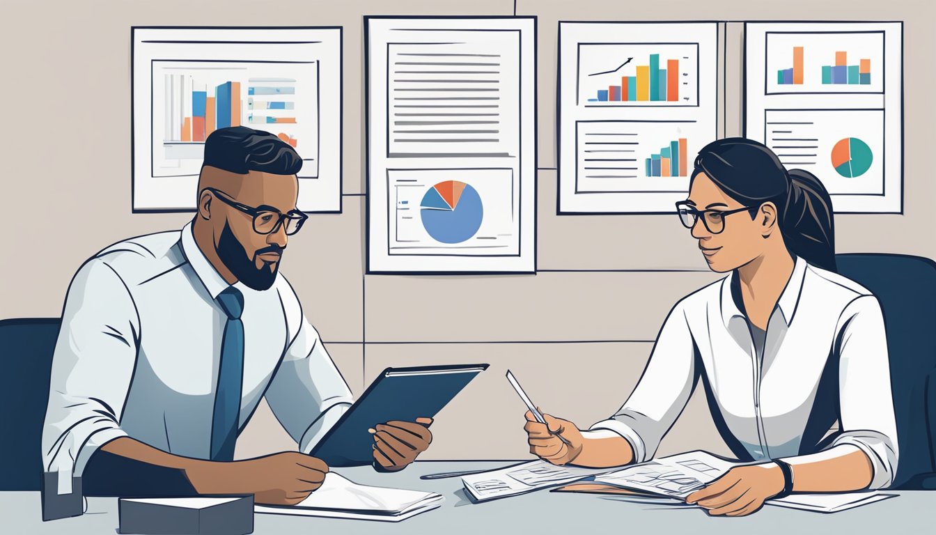 A small business owner consults with a bank representative, comparing loan options. Charts and graphs illustrate the differences between small business and commercial loans