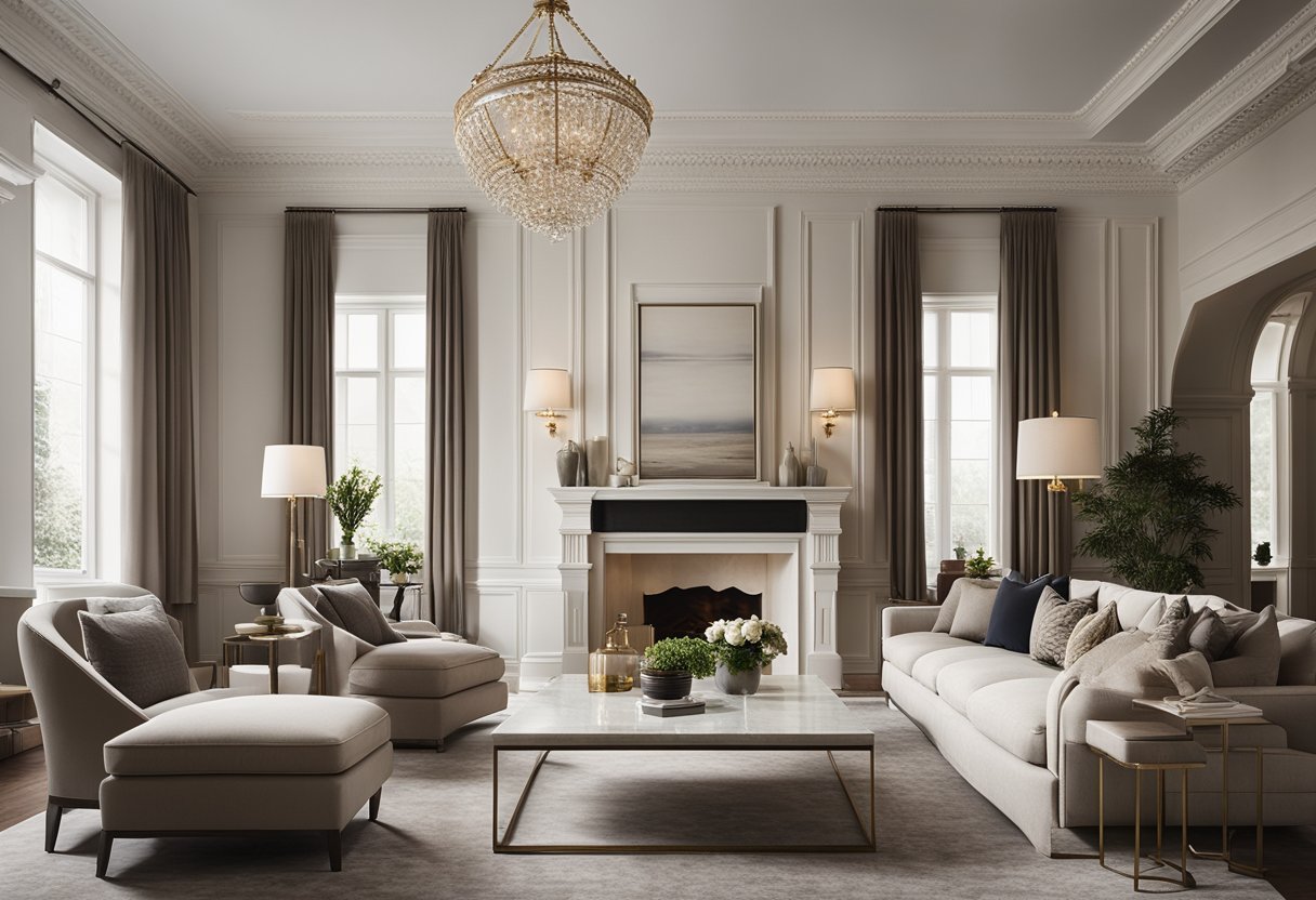 A modern classic living room with high ceilings, large windows, and elegant moldings. A grand fireplace is the focal point, surrounded by luxurious furnishings and a neutral color palette