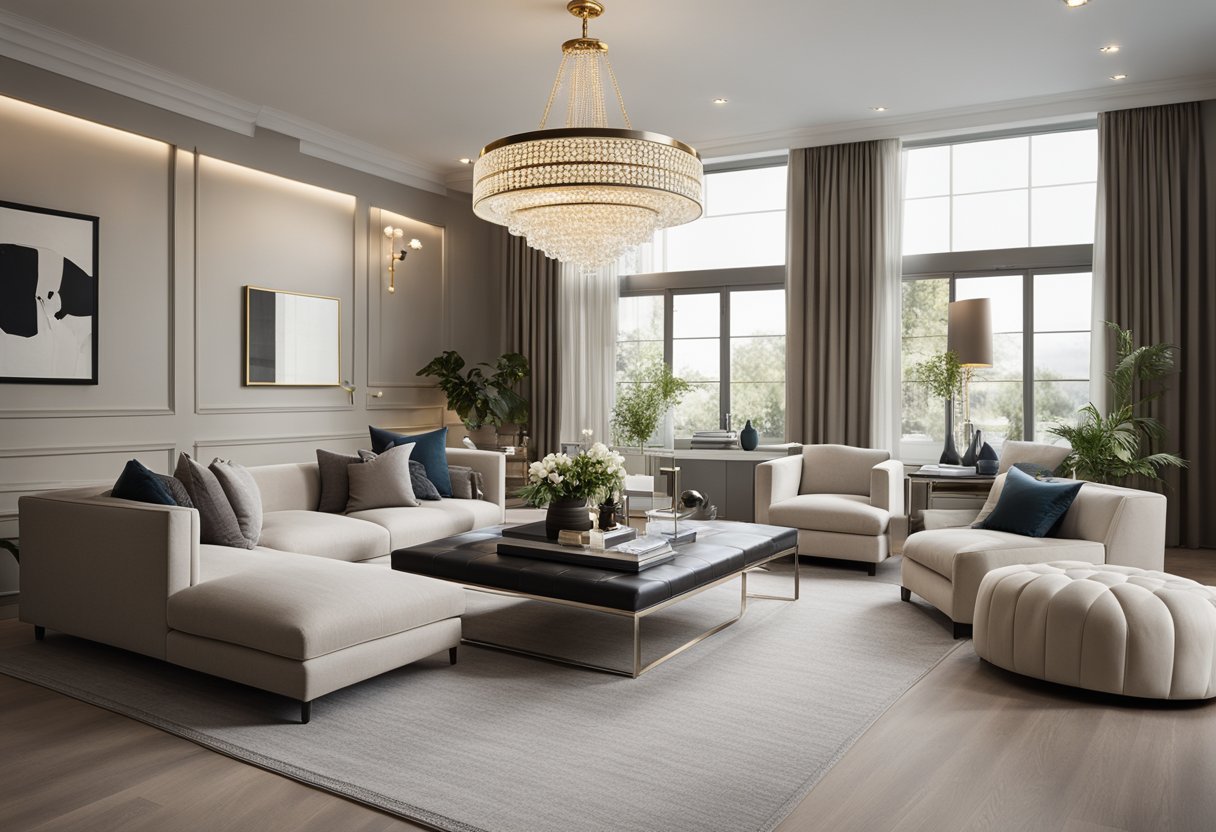 A modern classic living room with elegant furniture, neutral color palette, and clean lines. A large statement chandelier hangs from the ceiling, illuminating the space
