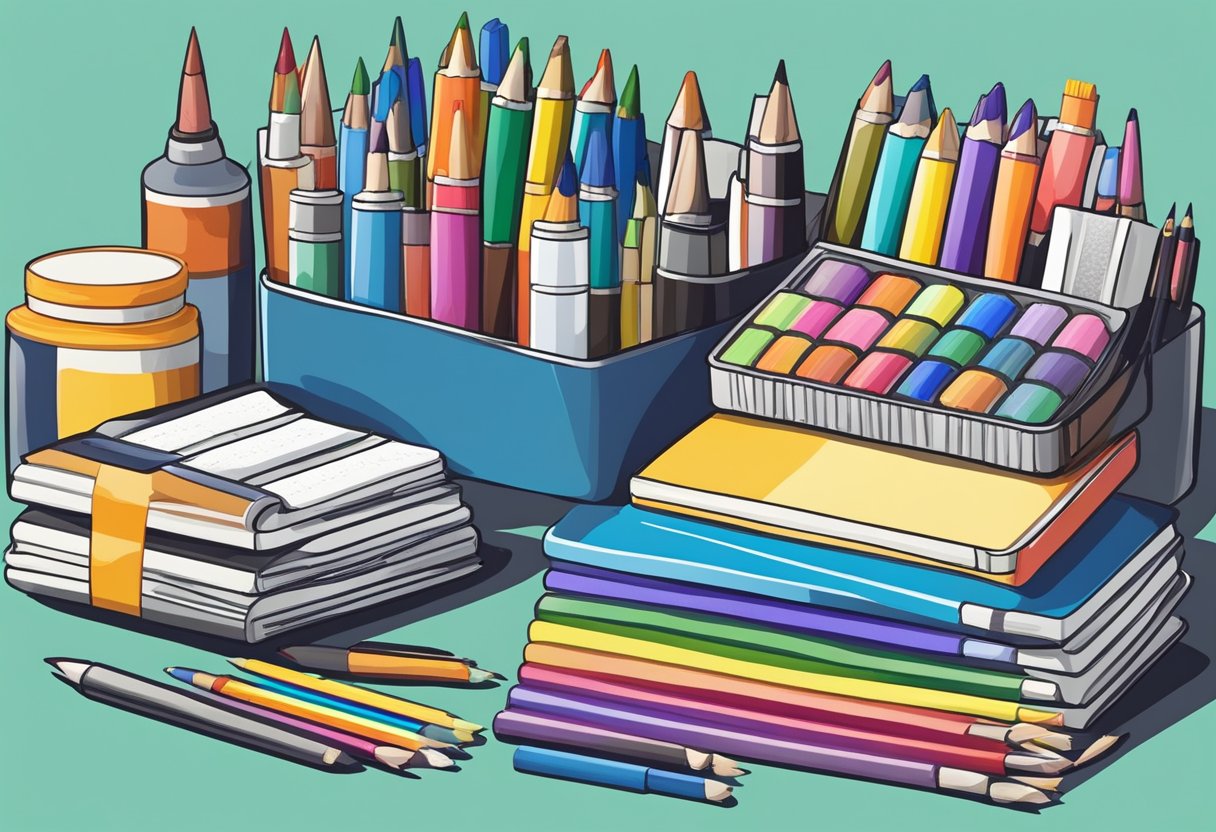 Coloring supplies arranged neatly on a desk, with markers, pencils, and coloring books stacked and organized. A container holds loose supplies like erasers and sharpeners