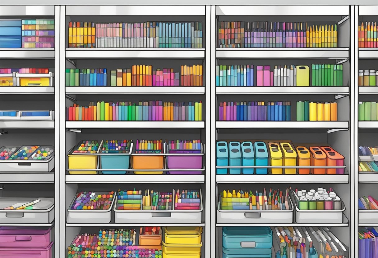 Coloring supplies neatly arranged in labeled bins, shelves, and drawers. A variety of markers, pencils, and coloring books visible. Labels and dividers help keep everything organized