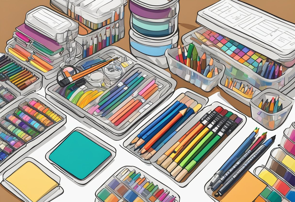 Coloring supplies neatly arranged in labeled containers on a clean, spacious table. Various markers, pencils, and coloring books are easily accessible