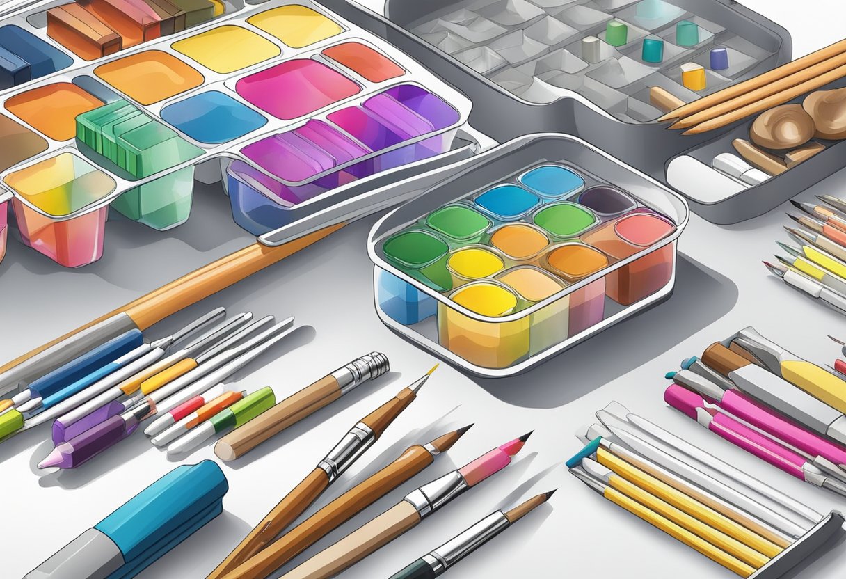 Coloring supplies neatly arranged in labeled containers on a clean, well-lit desk with a variety of coloring tools and accessories