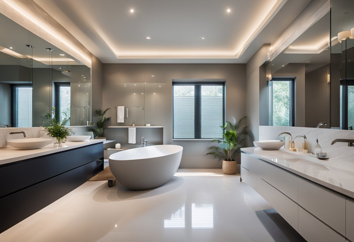 A spacious master bathroom with a modern freestanding bathtub, a sleek double vanity, and a separate enclosed toilet area