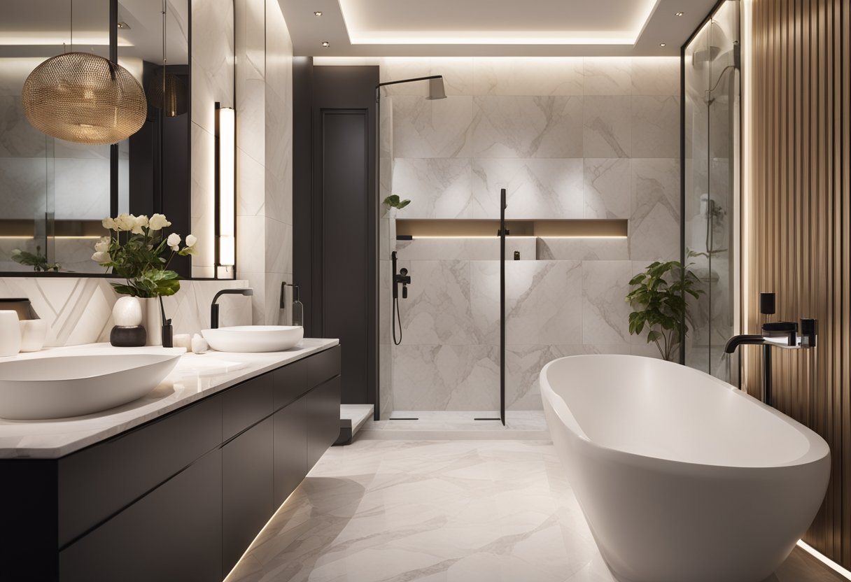 A spacious master bathroom with a modern toilet and a luxurious bathtub, surrounded by elegant marble tiles and soft ambient lighting