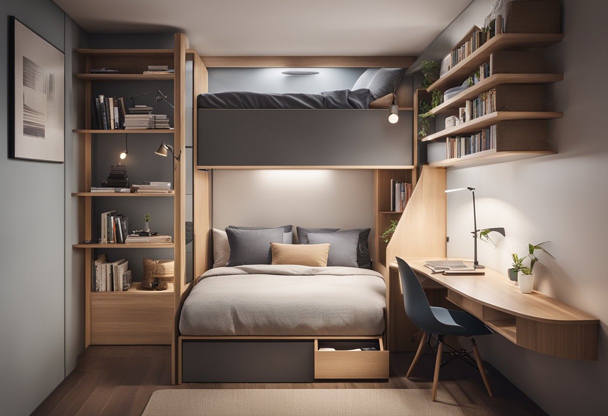 A small bedroom with a space-saving loft bed, a cozy reading nook with a built-in bookshelf, and a minimalistic desk with a foldable chair