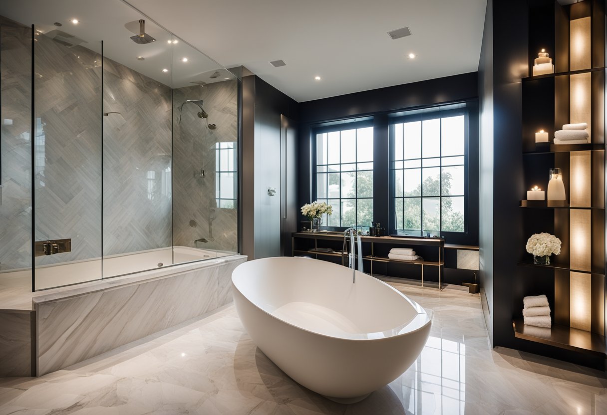 A sleek, modern bathtub sits next to a spacious walk-in shower, both adorned with elegant fixtures. The marble-topped vanity and luxurious lighting add a touch of opulence to the serene space