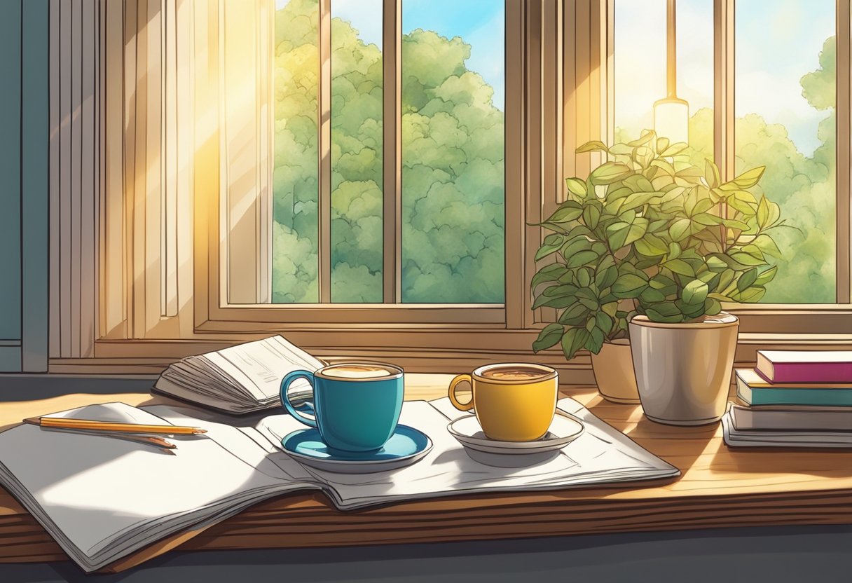 A table with a cup of coffee, a coloring book, and colored pencils. Sunlight streams in through a window, casting a warm glow on the scene