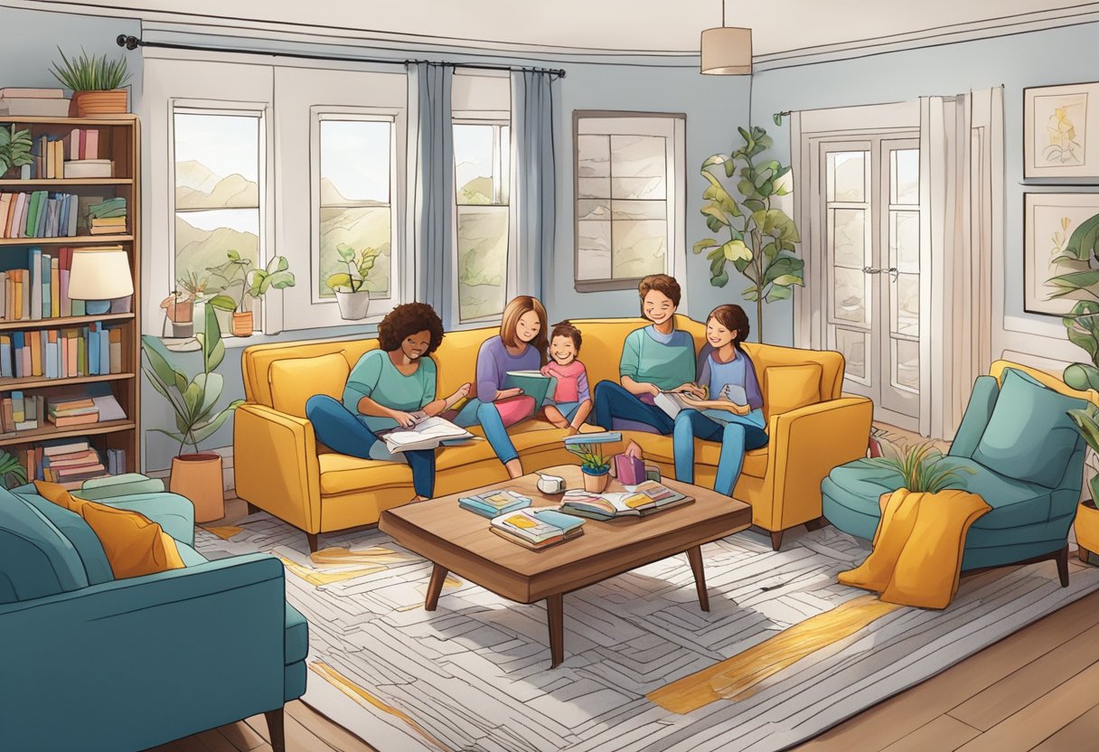 A cozy living room with a coffee table filled with coloring books and markers. A family sits together, laughing and coloring in the books