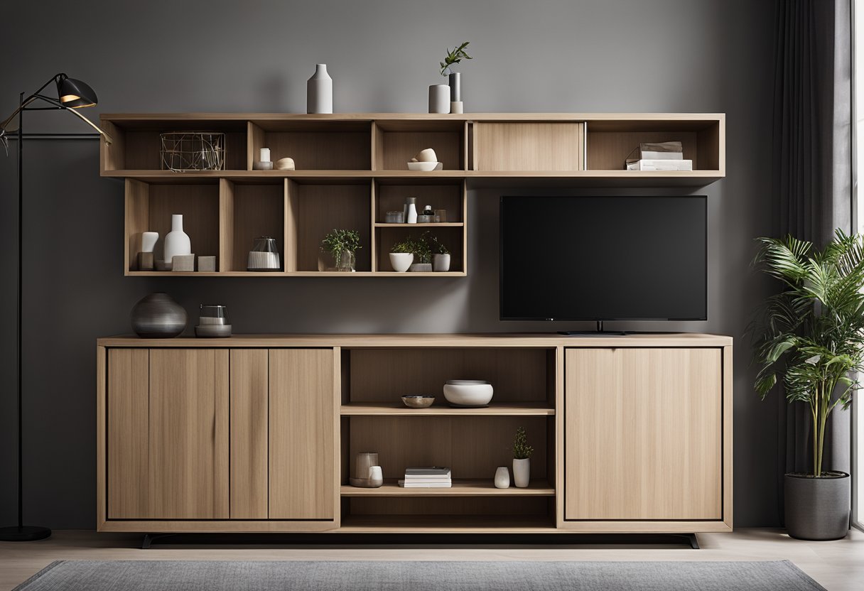A sleek, minimalist living room cabinet with clean lines and hidden storage compartments. The cabinet features a combination of open shelving and closed cabinets, with a mix of wood and metal materials for a contemporary look