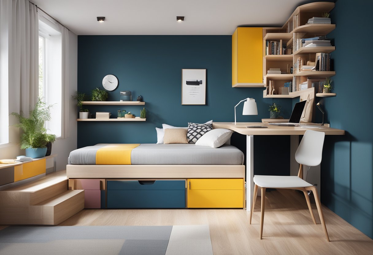 A small bedroom with a raised bed, under-bed storage, wall-mounted shelves, and a fold-down desk. Bright colors and minimal furniture create a spacious feel