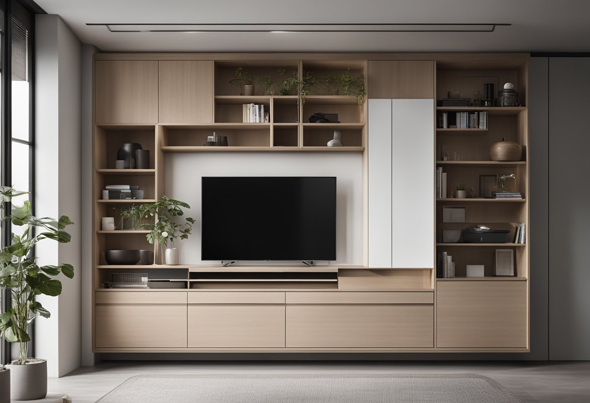 A sleek, minimalist living room cabinet with clean lines and integrated storage, featuring a combination of open shelving and concealed compartments for a seamless blend of aesthetics and functionality