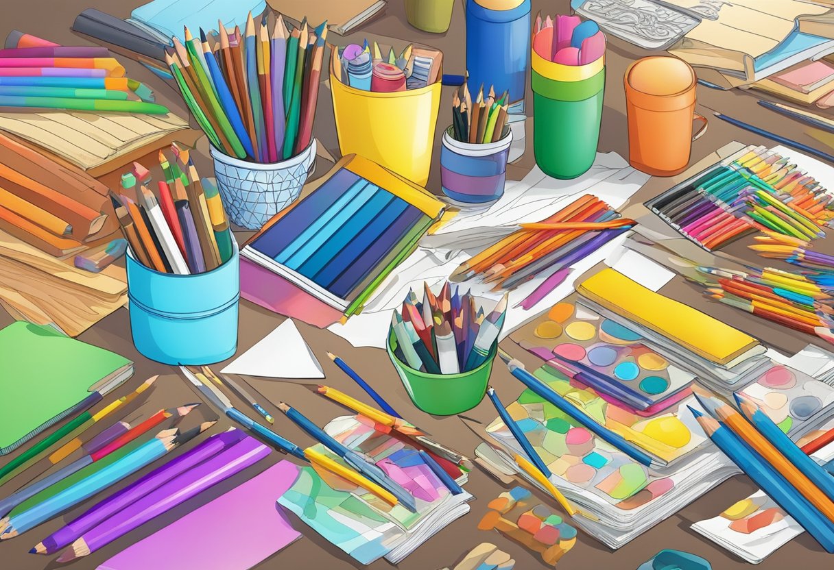 A colorful array of art supplies scattered on a table, including crayons, markers, and colored pencils. A variety of coloring books and pages are spread out, each displaying intricate designs and patterns