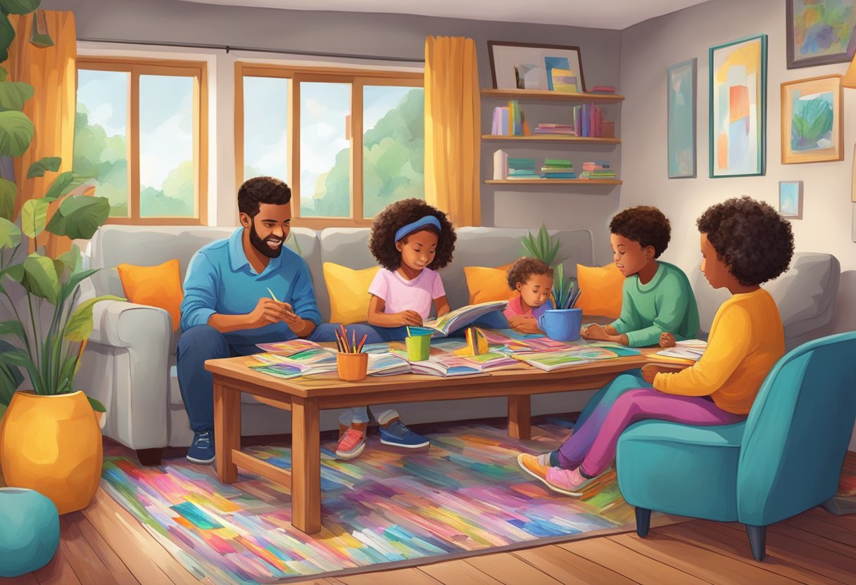 A cozy living room with a large table covered in coloring books and pencils. A family of four sits around the table, each engrossed in their own colorful masterpiece