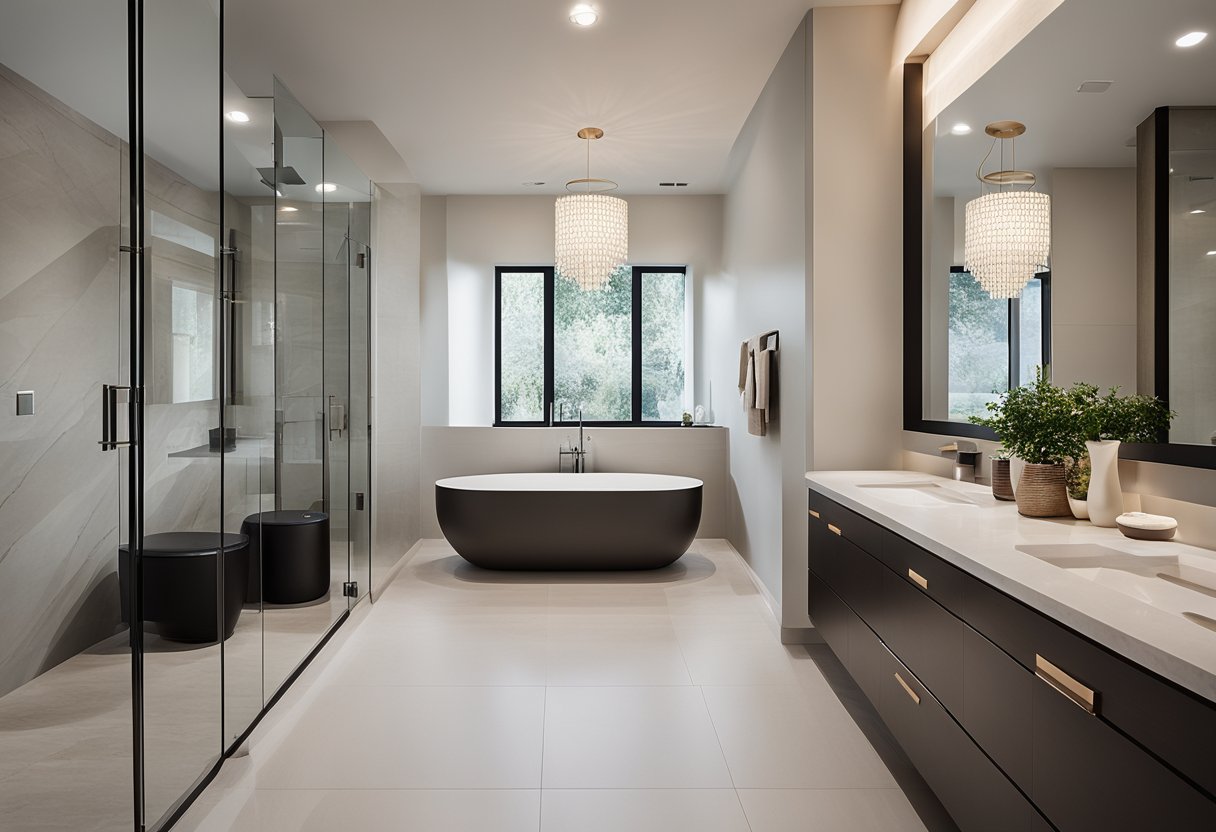 A spacious master bathroom with modern fixtures and a separate toilet area. Clean lines and neutral colors create a serene and luxurious atmosphere