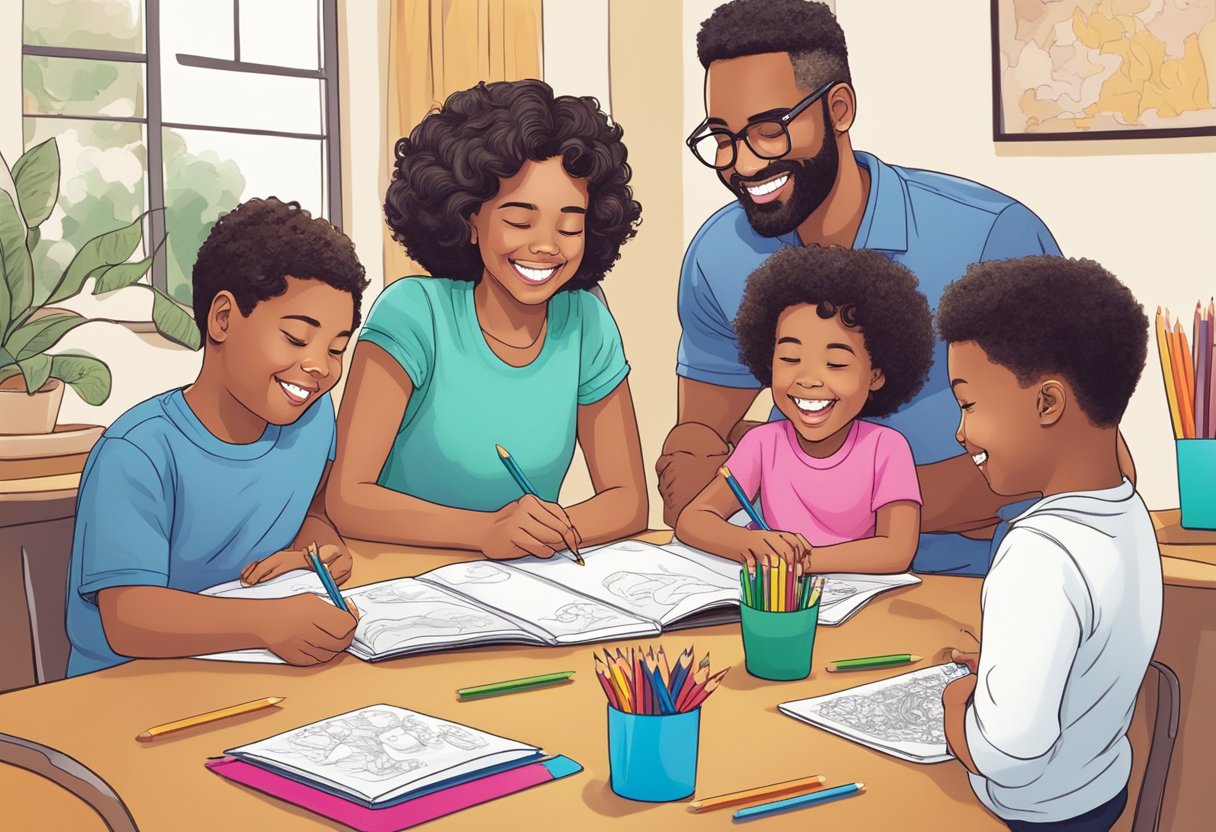 A family sits around a table, each with their own coloring book and pencils. Laughter fills the room as they share tips and tricks, creating a colorful masterpiece together