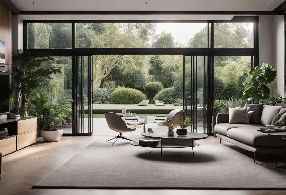 A modern living room with a large glass sliding door leading to a lush outdoor garden, with sleek and minimalistic design elements throughout the room