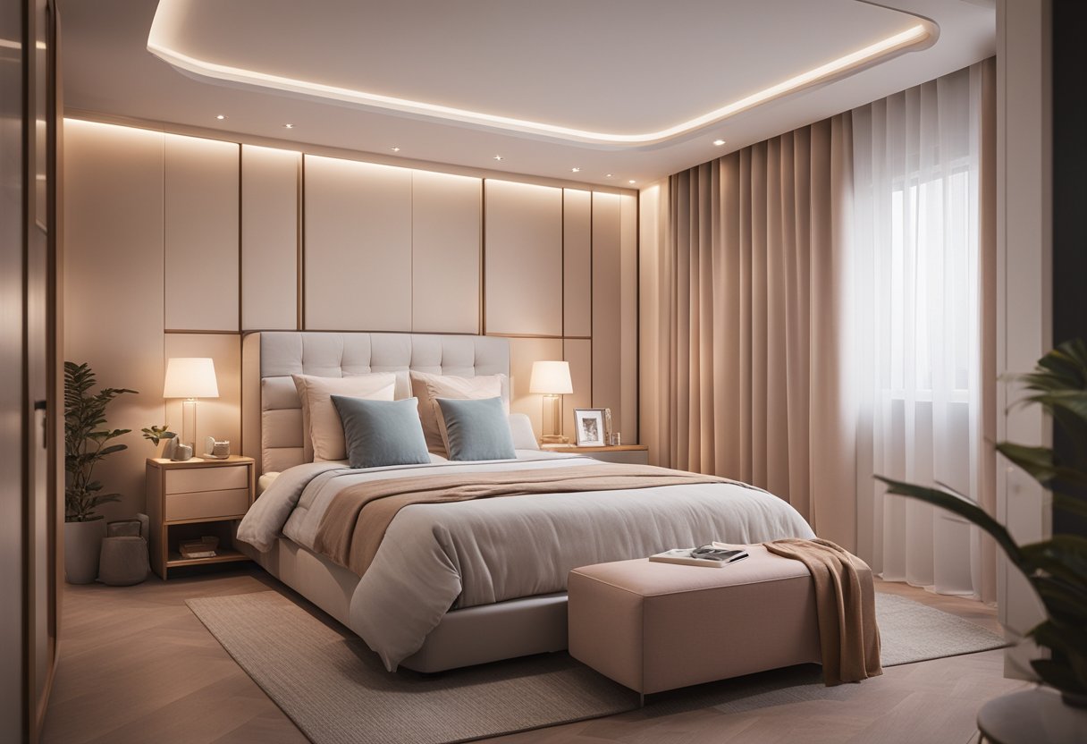 A small bedroom with minimal furniture, soft pastel colors, and strategic lighting to create a cozy and inviting atmosphere
