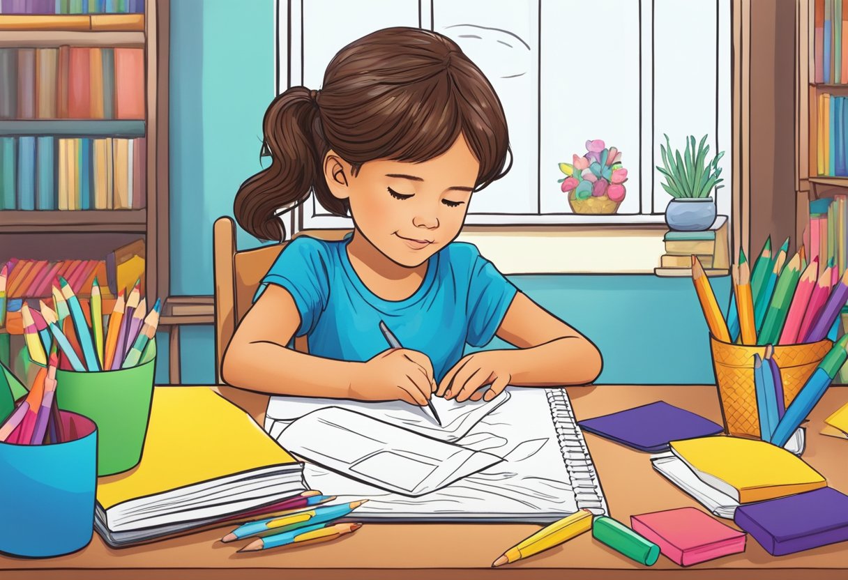 A child sits at a table, focused on coloring a picture. Their hand moves with precision, bringing vibrant colors to life on the page. Nearby, a stack of coloring books offers endless possibilities for creativity