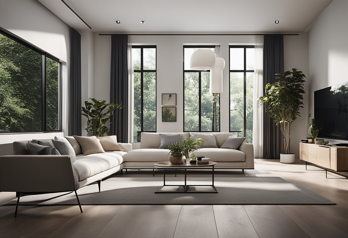 A spacious living room with a high ceiling, large windows, and modern furniture arranged in a minimalist design