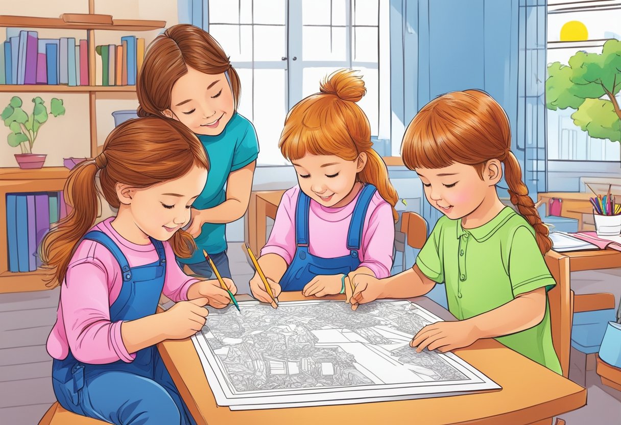 Children happily coloring in a variety of pictures, showing focus and creativity. Bright colors and intricate designs stimulate their development