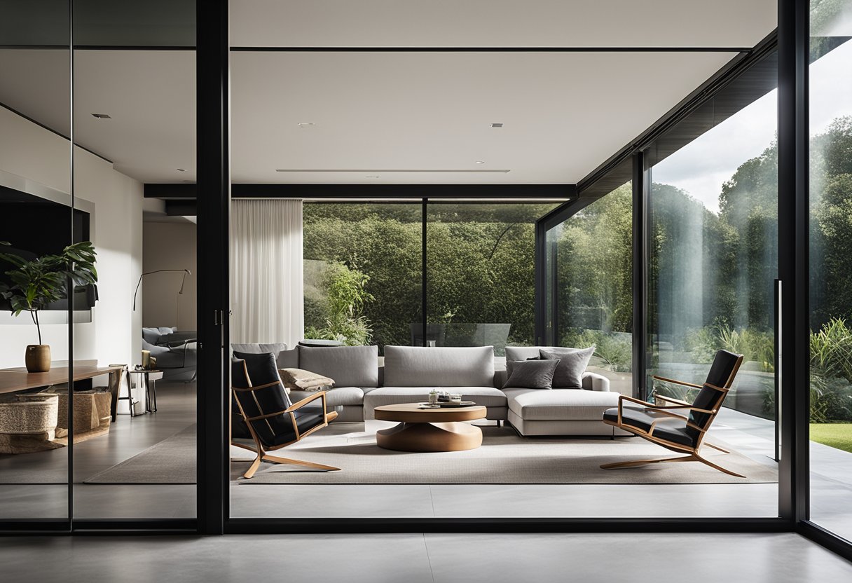 A modern living room with large glass sliding doors leading to a serene outdoor space. Clean lines and minimalistic design create a sense of openness and tranquility