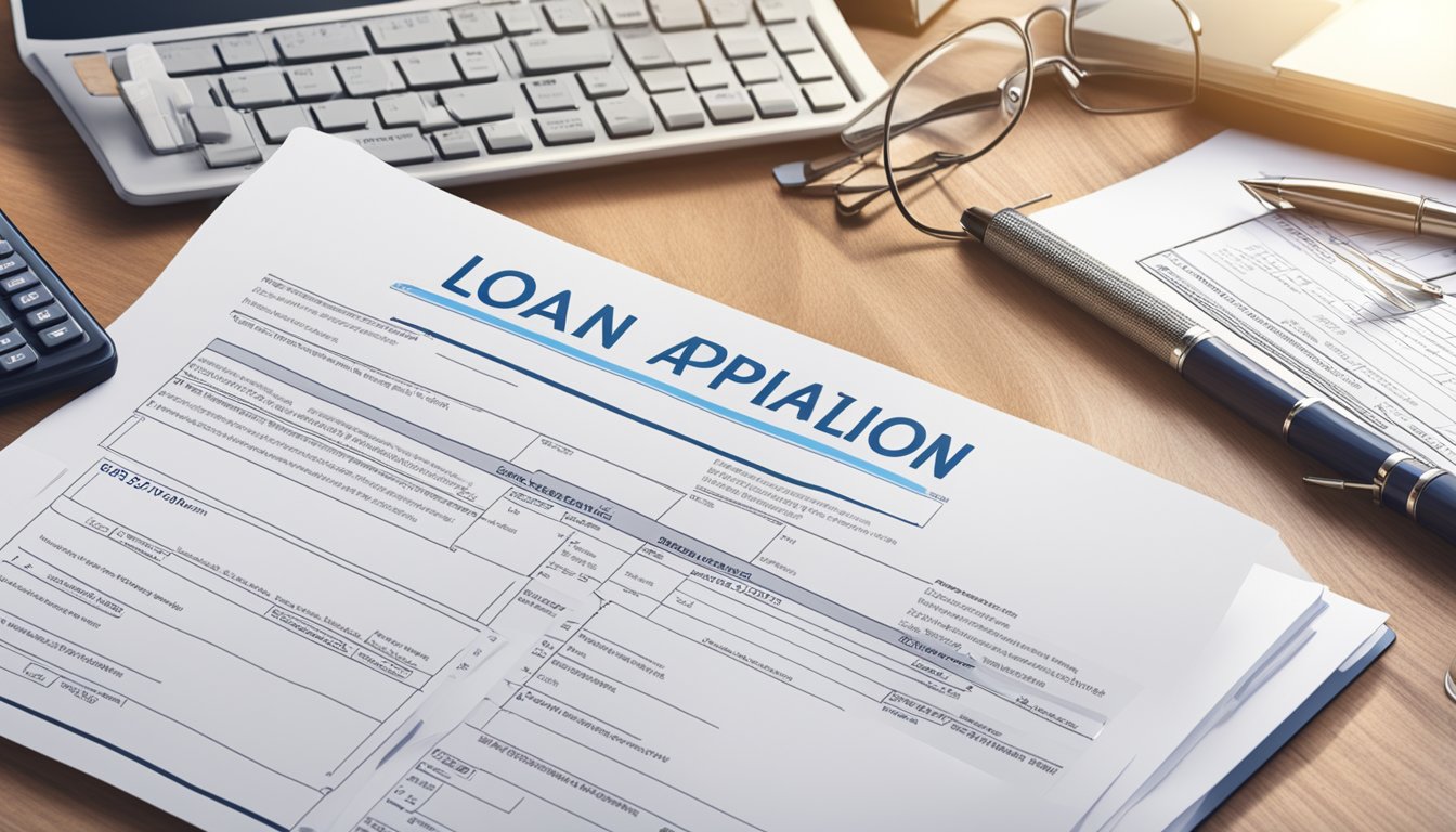A stack of loan application forms with eligibility criteria listed, surrounded by various types of short term business loan options