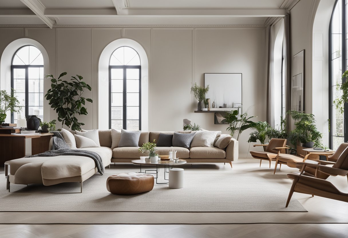 A spacious living room with tall ceilings, featuring large windows, minimalistic furniture, and a neutral color palette. The room is filled with natural light, creating a bright and airy atmosphere
