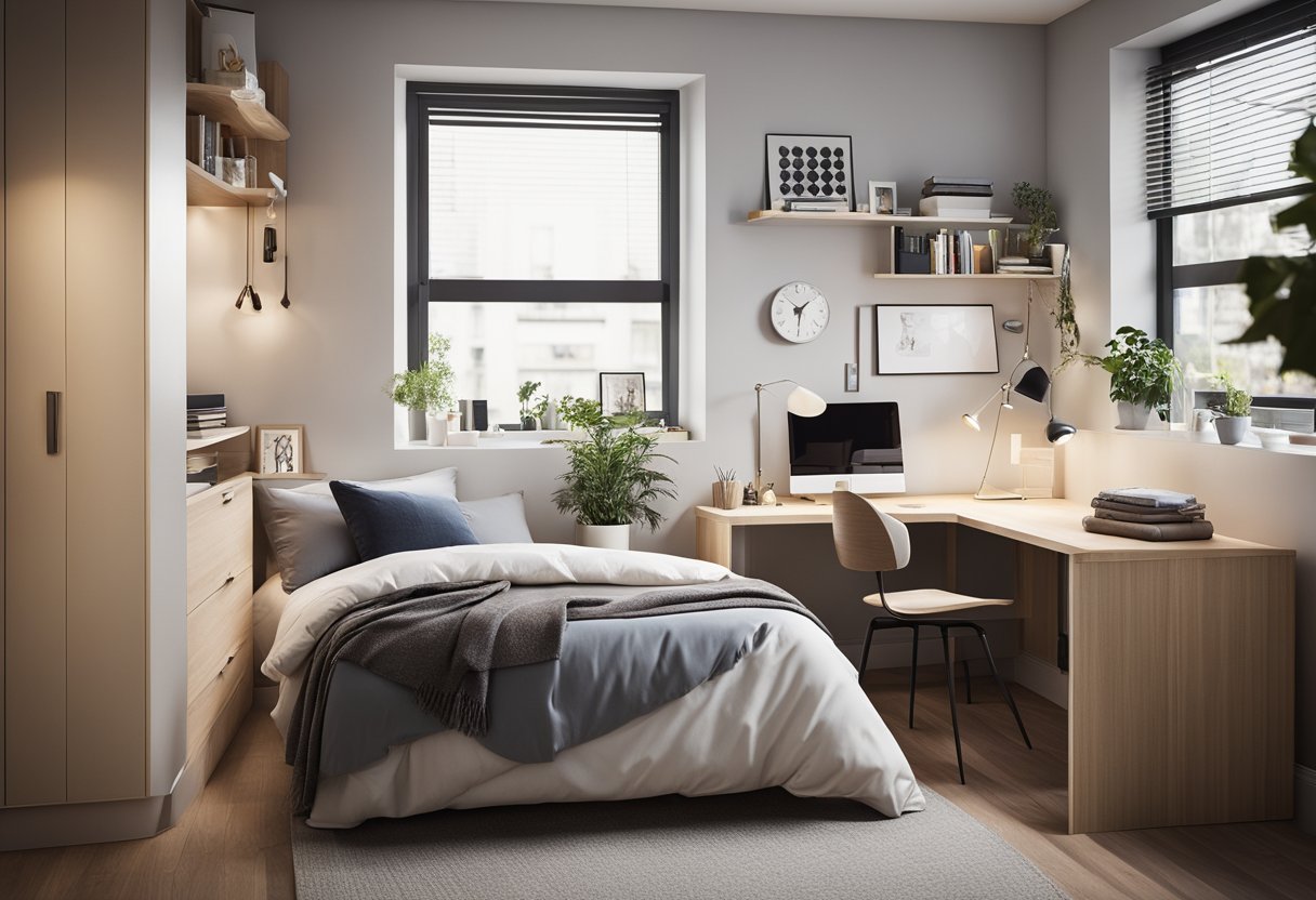 A small bedroom with a cozy bed, space-saving furniture, and clever storage solutions. A desk or vanity area maximizes functionality without overcrowding the room